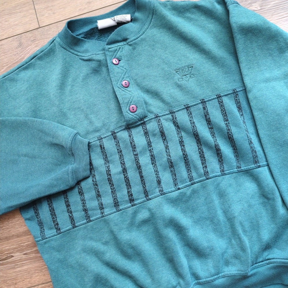 Vtg 90s OBEX Sport Henley Sweatshirt Pockets L Aqua Blue Skate Surf Vaporwave